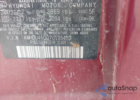 2007 Hyundai Elantra Gls/Limited/Se z USA, uszkodzony, nr VIN KMHDU46D07U135453